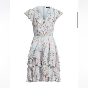 Ralph Lauren Floral Ruffle-Trim Georgette Dress Size S soft blue/pink PERFECT